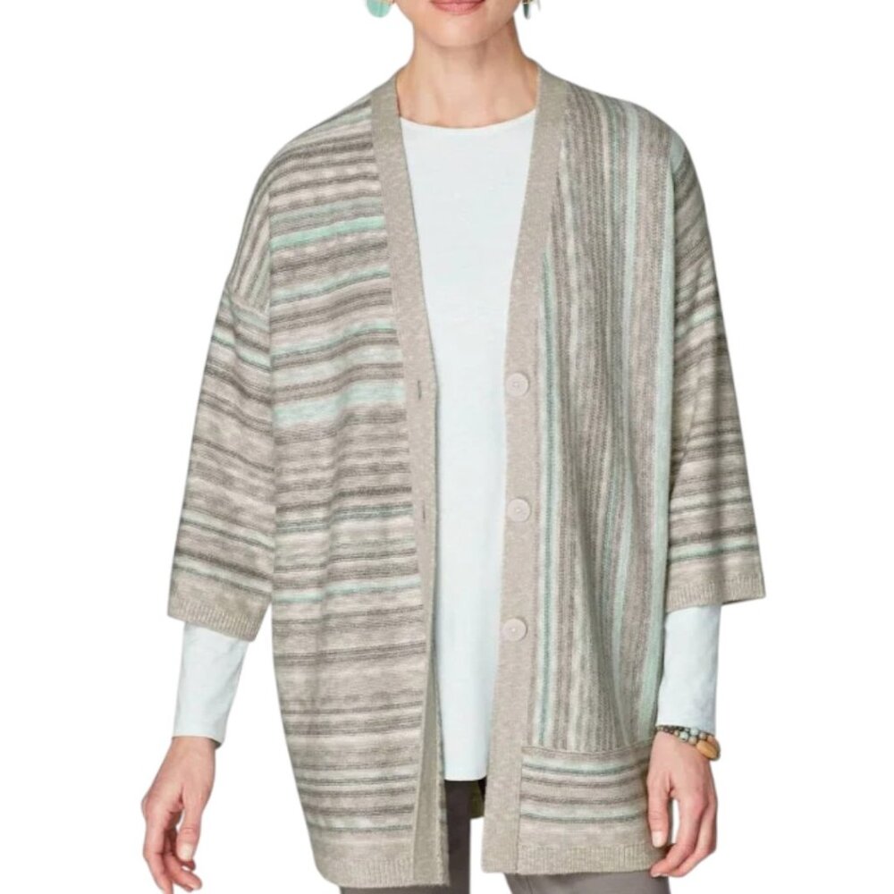 Pure Jill J. Jill Women's Sz L Stripe 3/4 Sleeve Dove Gray Cardigan Sweater NEW